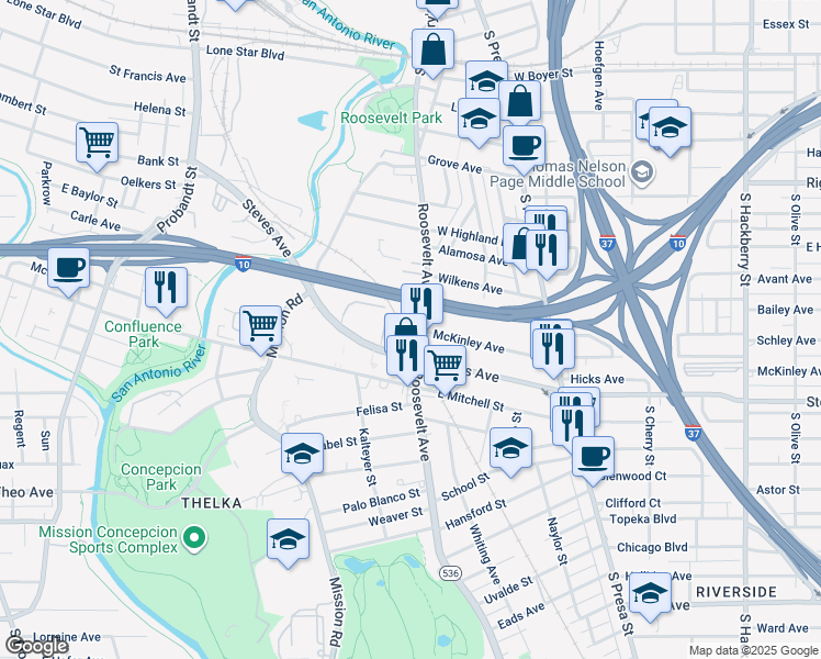 map of restaurants, bars, coffee shops, grocery stores, and more near 1001 Roosevelt Avenue in San Antonio