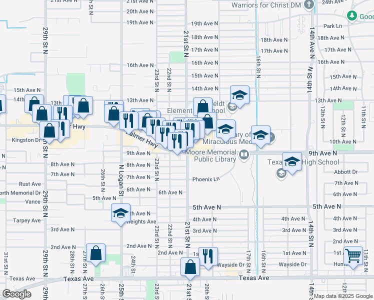 map of restaurants, bars, coffee shops, grocery stores, and more near 918 21st Street North in Texas City