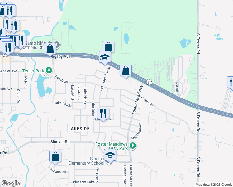 map of restaurants, bars, coffee shops, grocery stores, and more near 2622 Cloudy Meadow in San Antonio