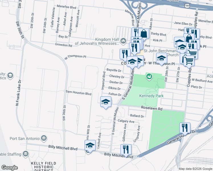 map of restaurants, bars, coffee shops, grocery stores, and more near 166 Dexter Drive in San Antonio