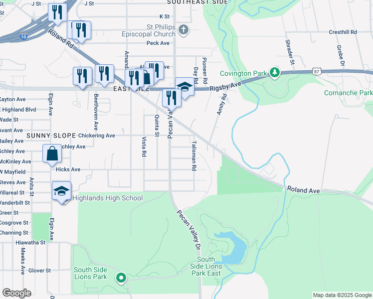map of restaurants, bars, coffee shops, grocery stores, and more near 3434 Gateway Drive in San Antonio
