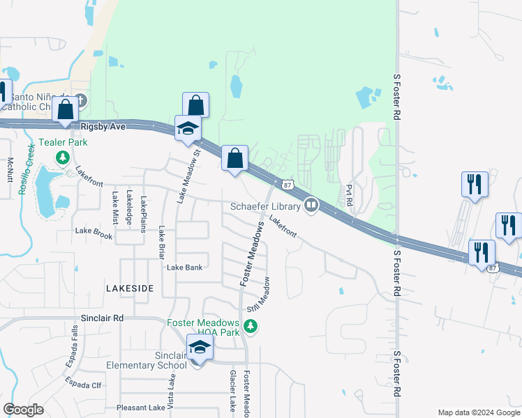 map of restaurants, bars, coffee shops, grocery stores, and more near 6211 Lakefront in San Antonio