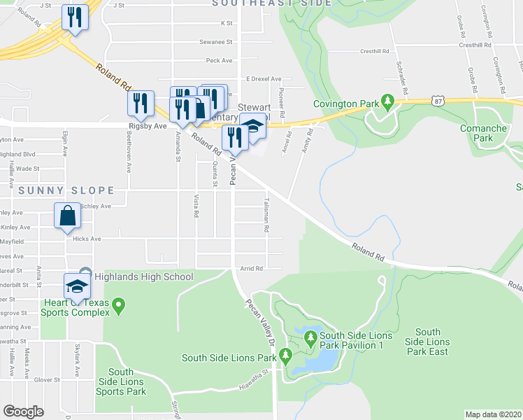 map of restaurants, bars, coffee shops, grocery stores, and more near 3444 Gateway Drive in San Antonio