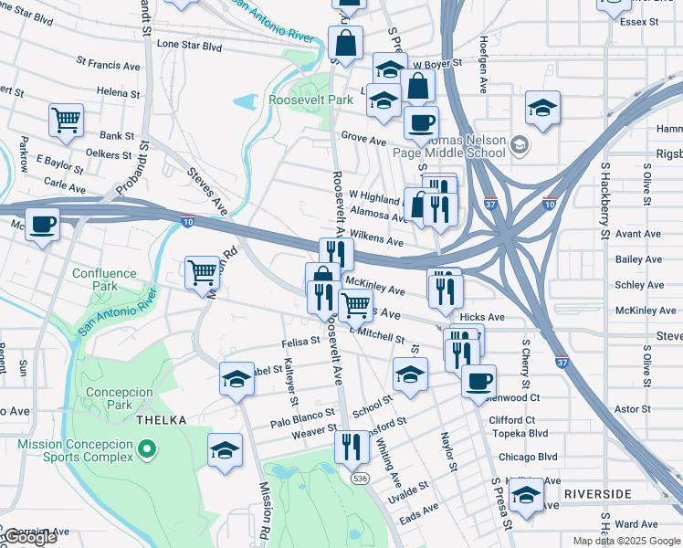 map of restaurants, bars, coffee shops, grocery stores, and more near 1010 Roosevelt Avenue in San Antonio
