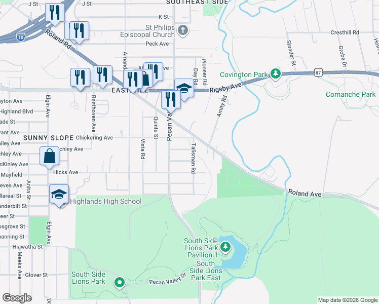 map of restaurants, bars, coffee shops, grocery stores, and more near 3442 Gateway Drive in San Antonio
