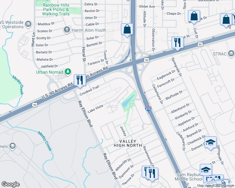 map of restaurants, bars, coffee shops, grocery stores, and more near 8311-8341 Lake Vista in San Antonio