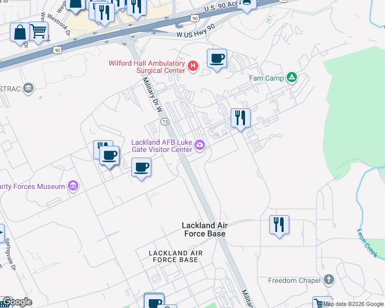 map of restaurants, bars, coffee shops, grocery stores, and more near Luke Boulevard in San Antonio