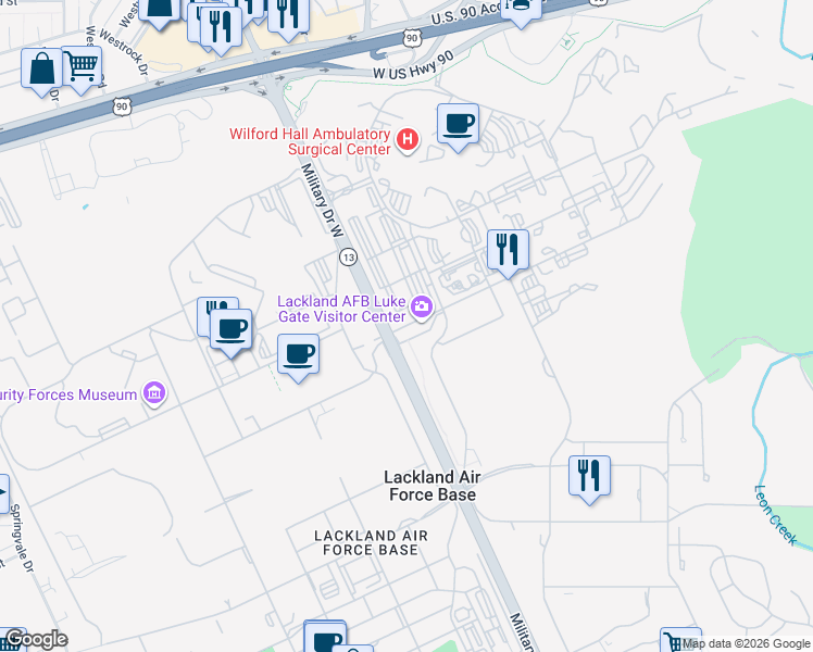 map of restaurants, bars, coffee shops, grocery stores, and more near Luke Boulevard in San Antonio