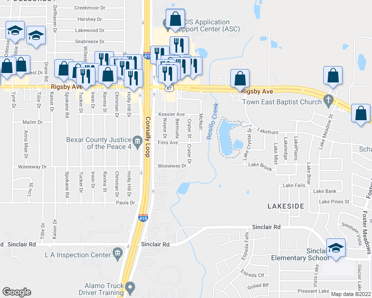 map of restaurants, bars, coffee shops, grocery stores, and more near 2711 Crater Street in San Antonio