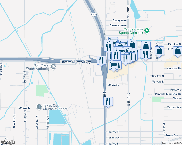 map of restaurants, bars, coffee shops, grocery stores, and more near 1115 Texas 146 in Texas City