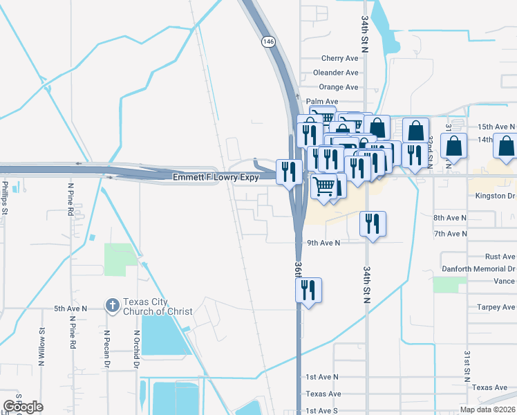 map of restaurants, bars, coffee shops, grocery stores, and more near 1115 Texas 146 in Texas City