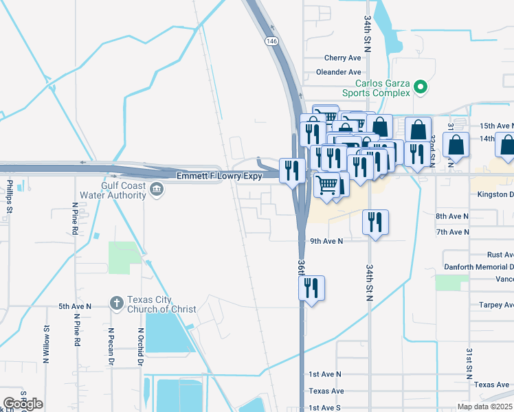 map of restaurants, bars, coffee shops, grocery stores, and more near 9th Avenue North in Texas City