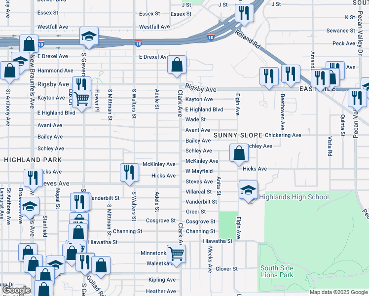 map of restaurants, bars, coffee shops, grocery stores, and more near 1306 Bailey Avenue in San Antonio