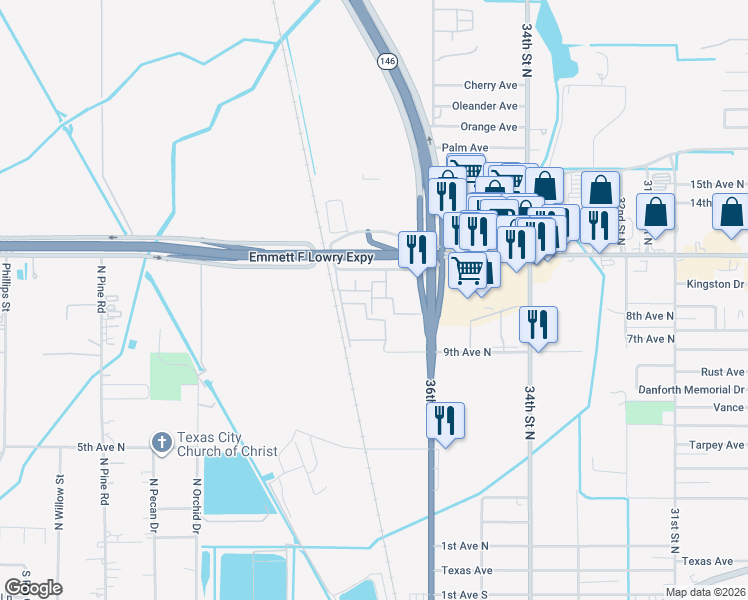 map of restaurants, bars, coffee shops, grocery stores, and more near 1115 Texas 146 in Texas City