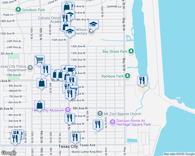 map of restaurants, bars, coffee shops, grocery stores, and more near 217 10th Avenue North in Texas City