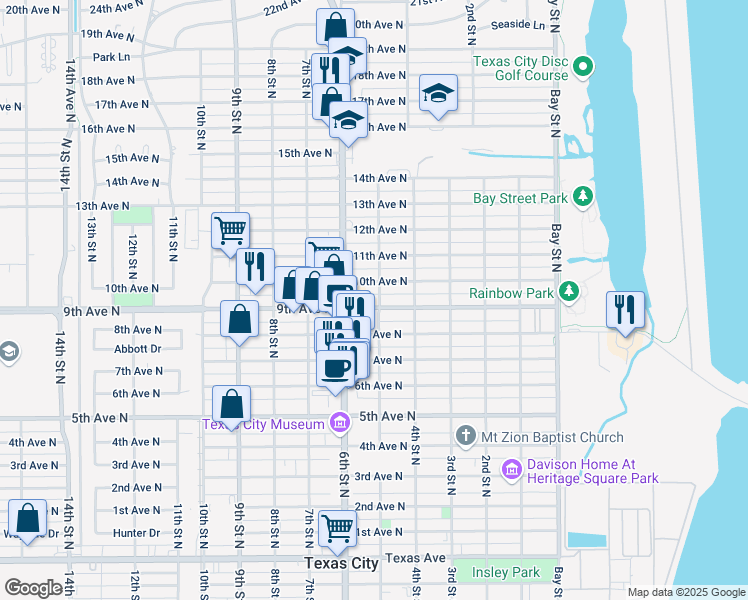 map of restaurants, bars, coffee shops, grocery stores, and more near 519 10th Avenue North in Texas City