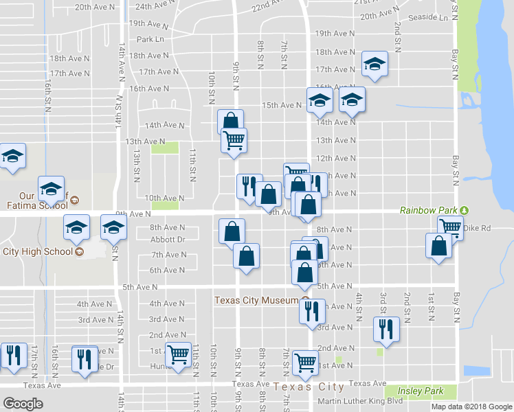 map of restaurants, bars, coffee shops, grocery stores, and more near 817 10th Avenue North in Texas City