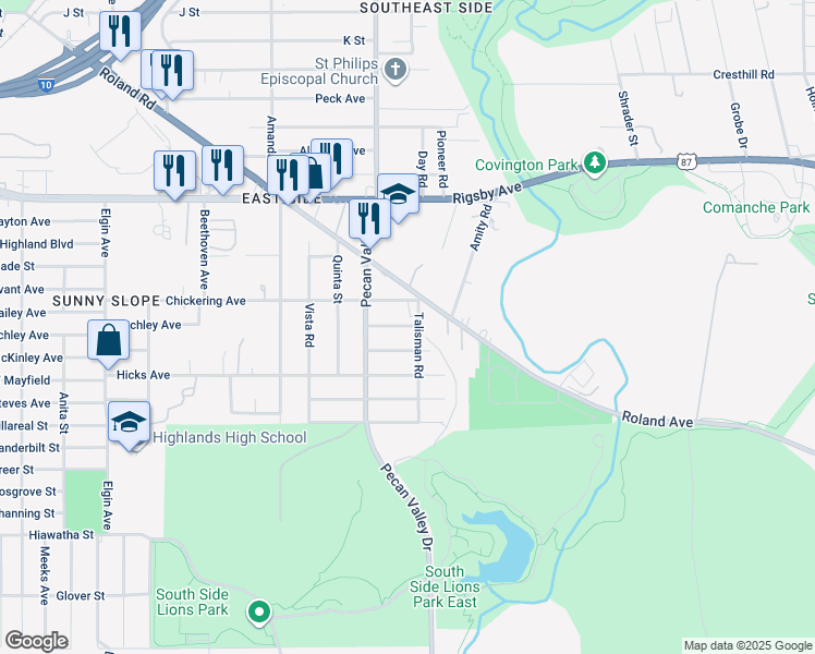 map of restaurants, bars, coffee shops, grocery stores, and more near 3439 Gateway Drive in San Antonio