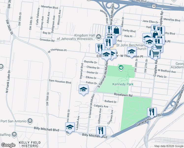 map of restaurants, bars, coffee shops, grocery stores, and more near 139 Dexter Drive in San Antonio