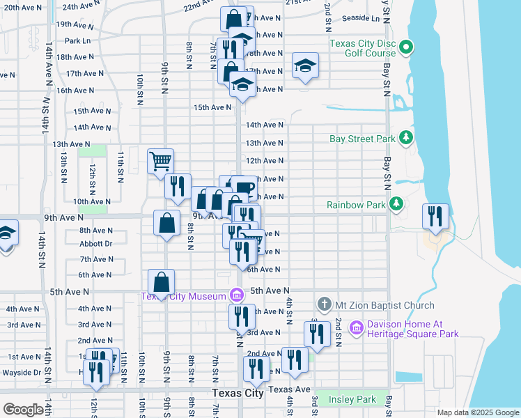 map of restaurants, bars, coffee shops, grocery stores, and more near 519 10th Avenue North in Texas City