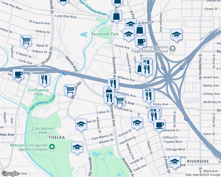 map of restaurants, bars, coffee shops, grocery stores, and more near 1001 Roosevelt Avenue in San Antonio