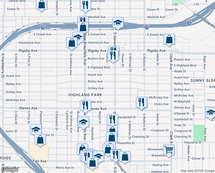 map of restaurants, bars, coffee shops, grocery stores, and more near 1611 Schley Avenue in San Antonio