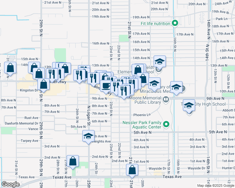 map of restaurants, bars, coffee shops, grocery stores, and more near 2224 Palmer Highway in Texas City