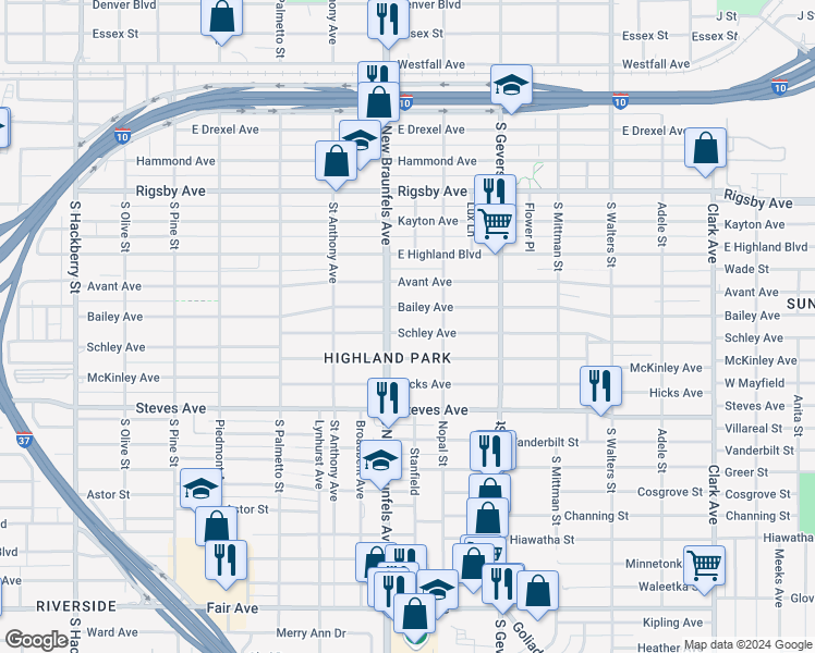 map of restaurants, bars, coffee shops, grocery stores, and more near 1527 Schley Avenue in San Antonio