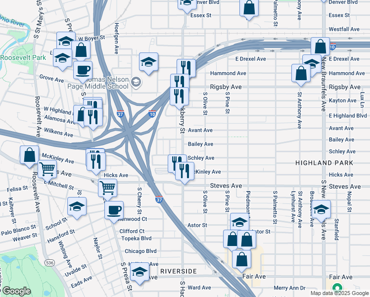 map of restaurants, bars, coffee shops, grocery stores, and more near 2315 South Hackberry in San Antonio