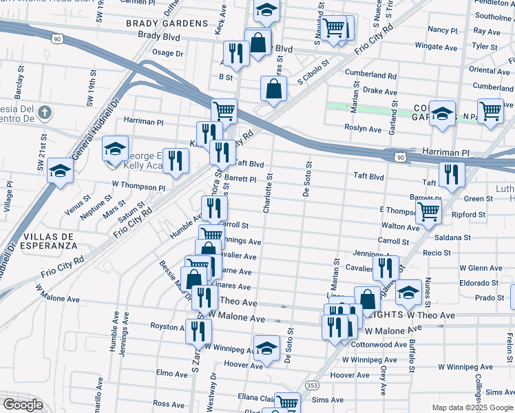 map of restaurants, bars, coffee shops, grocery stores, and more near 602 East Thompson in San Antonio