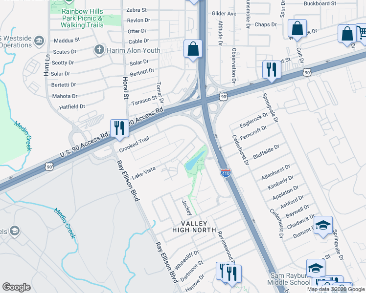 map of restaurants, bars, coffee shops, grocery stores, and more near 8311-8341 Lake Vista in San Antonio