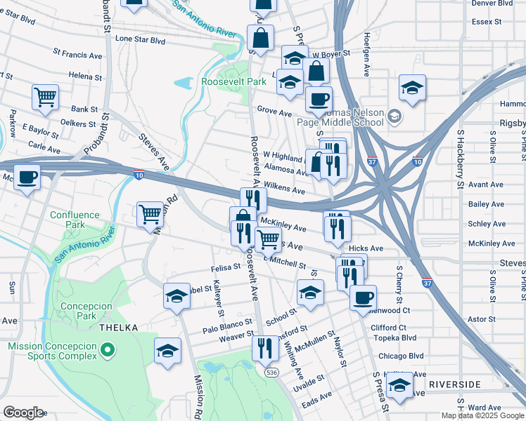 map of restaurants, bars, coffee shops, grocery stores, and more near 1014 Roosevelt Avenue in San Antonio