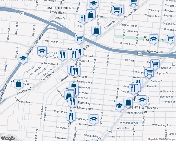 map of restaurants, bars, coffee shops, grocery stores, and more near 535 Walton Avenue in San Antonio