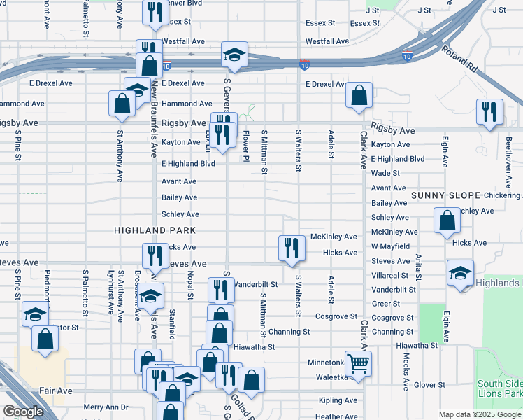 map of restaurants, bars, coffee shops, grocery stores, and more near 1815 Schley Avenue in San Antonio