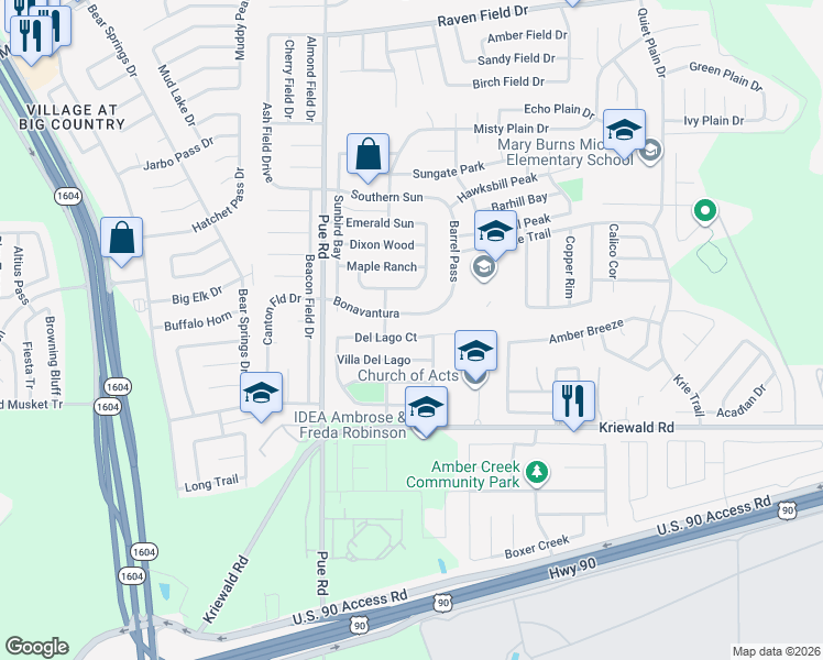 map of restaurants, bars, coffee shops, grocery stores, and more near 10123 Del Lago Court in San Antonio
