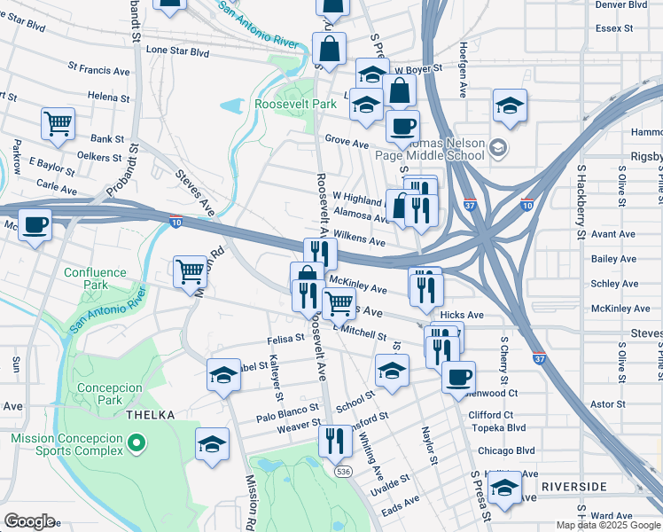 map of restaurants, bars, coffee shops, grocery stores, and more near 1010 Roosevelt Avenue in San Antonio