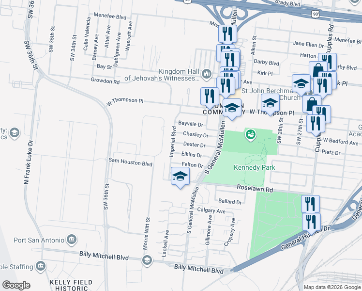 map of restaurants, bars, coffee shops, grocery stores, and more near 166 Dexter Drive in San Antonio