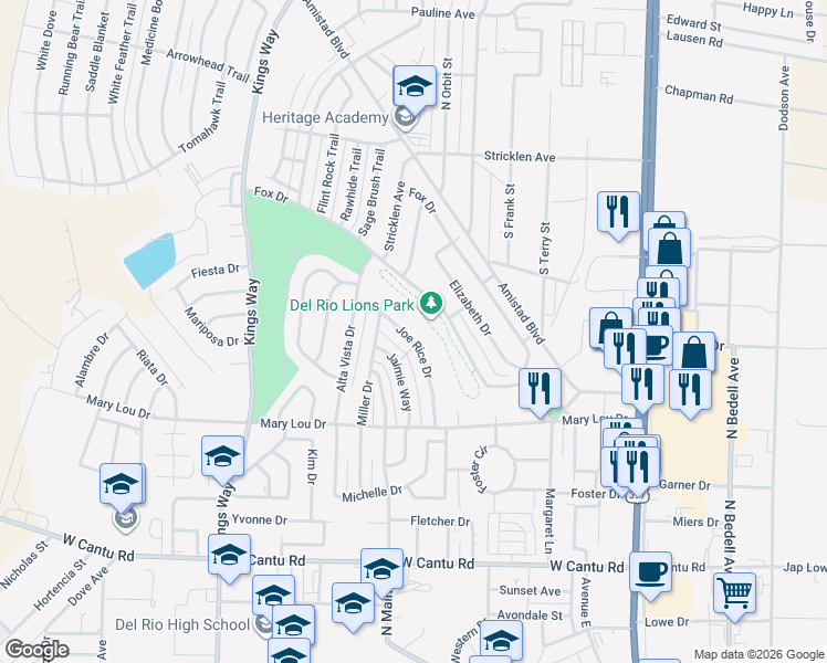 map of restaurants, bars, coffee shops, grocery stores, and more near 125 Joe Rice Drive in Del Rio