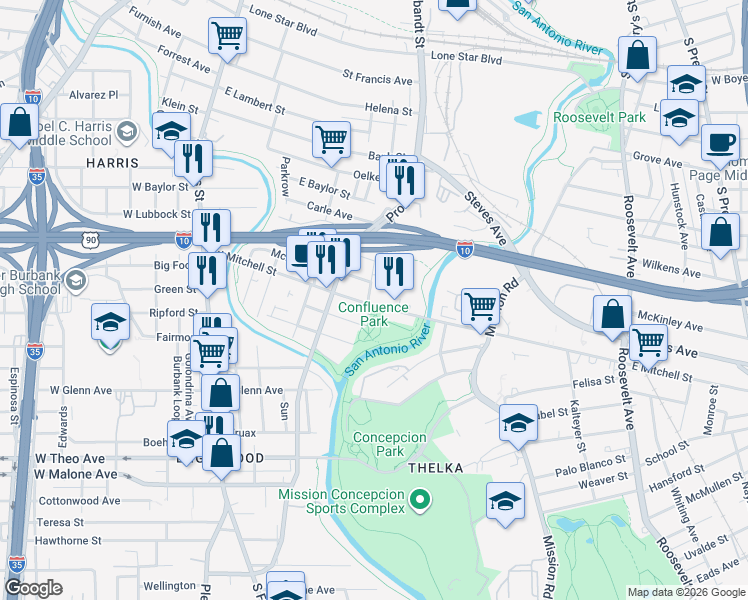 map of restaurants, bars, coffee shops, grocery stores, and more near 407 West Mitchell Street in San Antonio