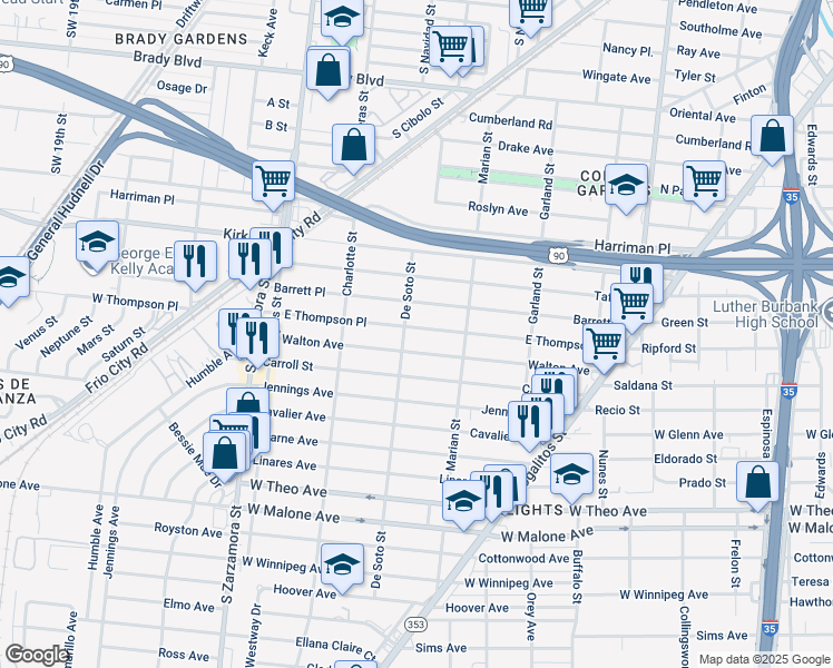 map of restaurants, bars, coffee shops, grocery stores, and more near 444 East Thompson in San Antonio
