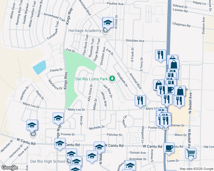 map of restaurants, bars, coffee shops, grocery stores, and more near 125 Joe Rice Drive in Del Rio