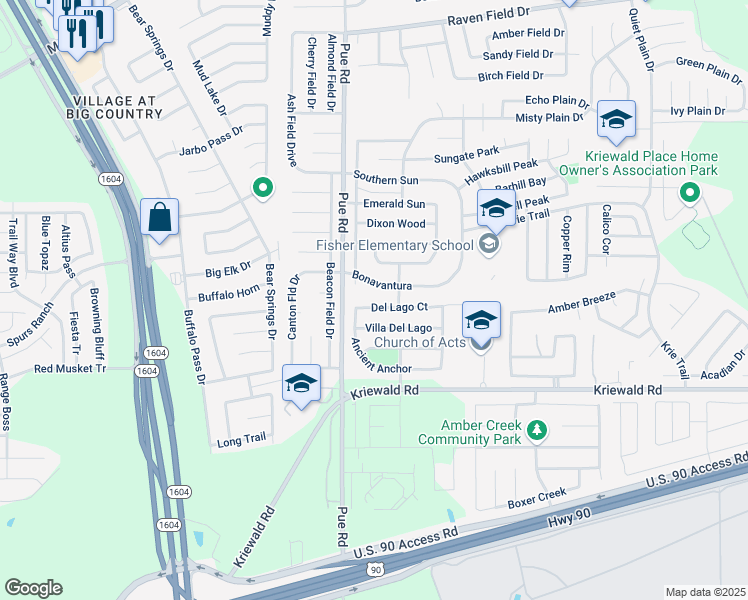 map of restaurants, bars, coffee shops, grocery stores, and more near 10235 Del Lago Court in San Antonio