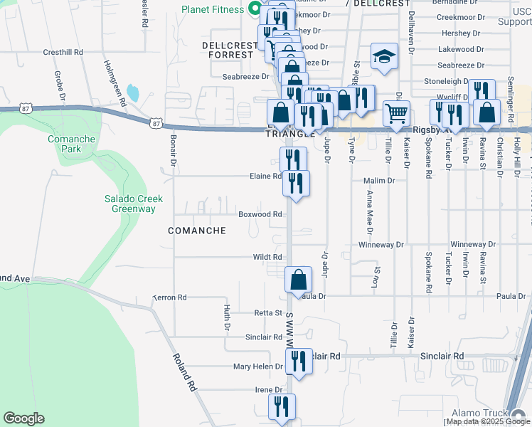 map of restaurants, bars, coffee shops, grocery stores, and more near 4423 Boxwood Road in San Antonio