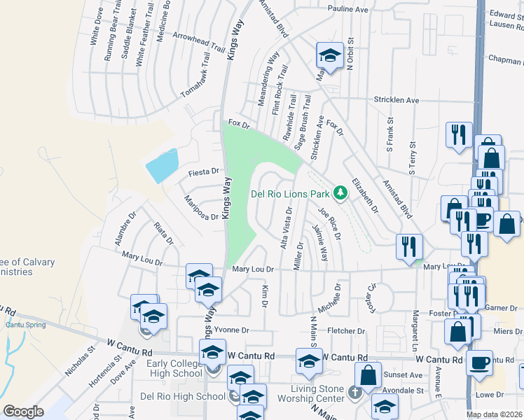 map of restaurants, bars, coffee shops, grocery stores, and more near 251-299 Arroyo Drive in Del Rio