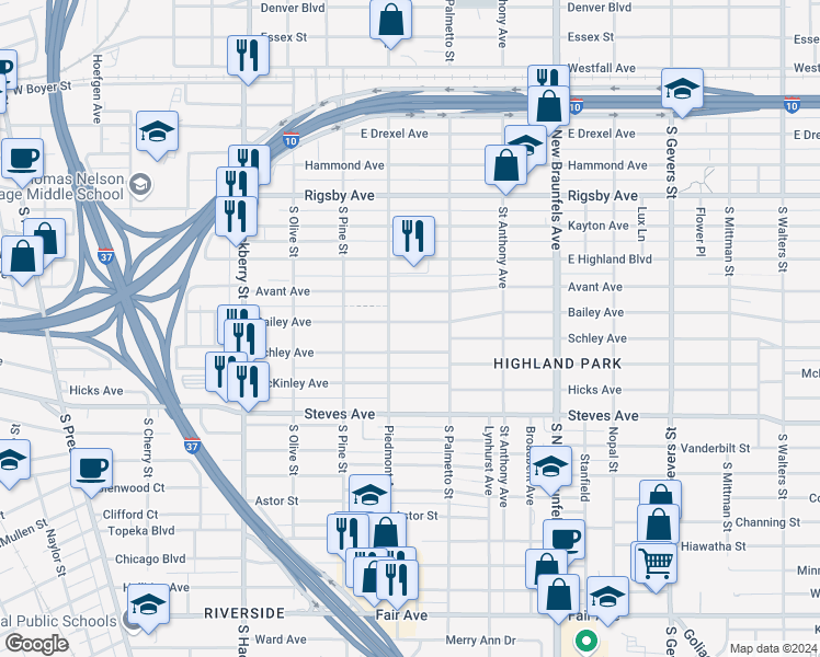 map of restaurants, bars, coffee shops, grocery stores, and more near 406 Bailey Avenue in San Antonio