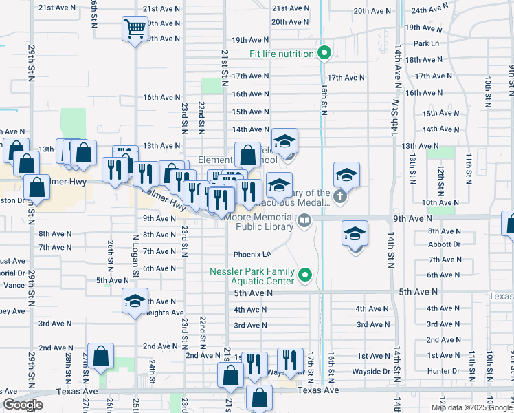 map of restaurants, bars, coffee shops, grocery stores, and more near 918 21st Street North in Texas City