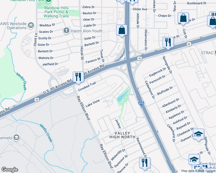 map of restaurants, bars, coffee shops, grocery stores, and more near 8311-8341 Lake Vista in San Antonio