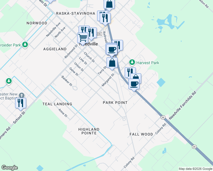 map of restaurants, bars, coffee shops, grocery stores, and more near 9410 Line St in Needville