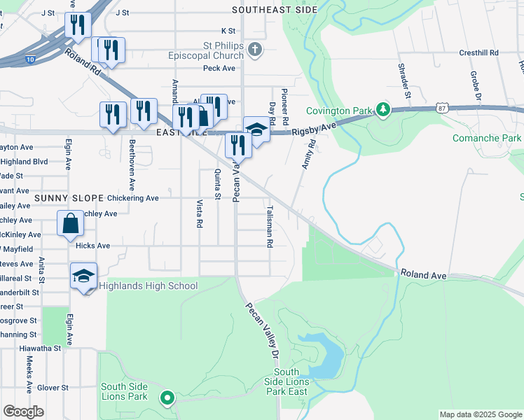 map of restaurants, bars, coffee shops, grocery stores, and more near 3439 Gateway Drive in San Antonio