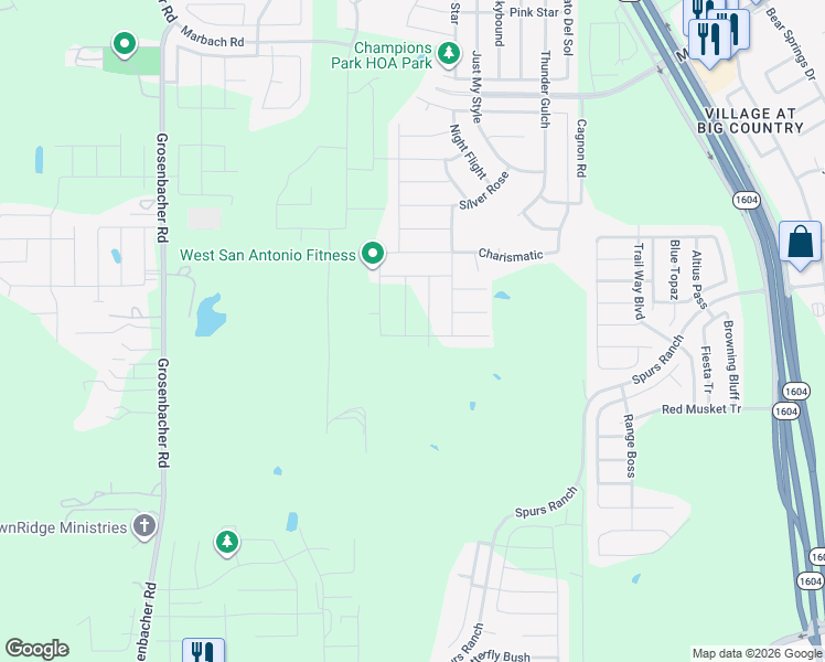 map of restaurants, bars, coffee shops, grocery stores, and more near 3135 Thunder Gulch in San Antonio